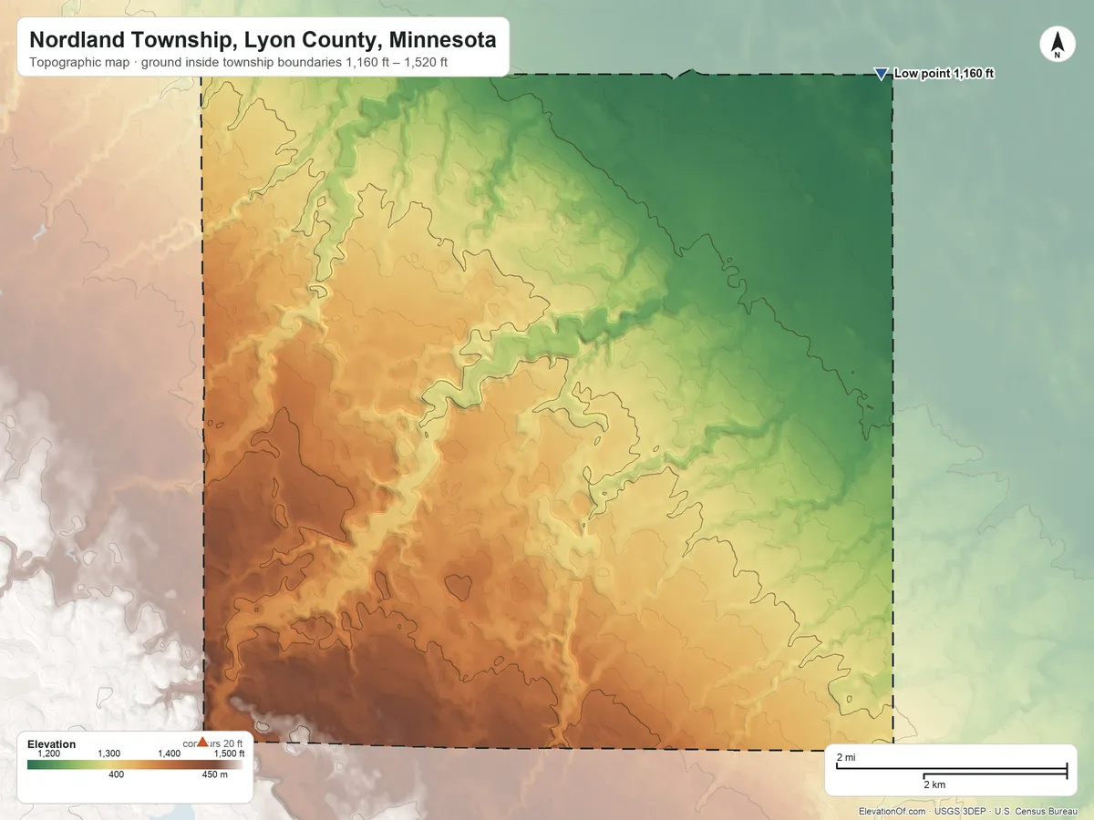 Topographic elevation map of Nordland Township, Lyon County, Minnesota, shaded from 1,160 ft on the northeast side to 1,520 ft on the southwest side