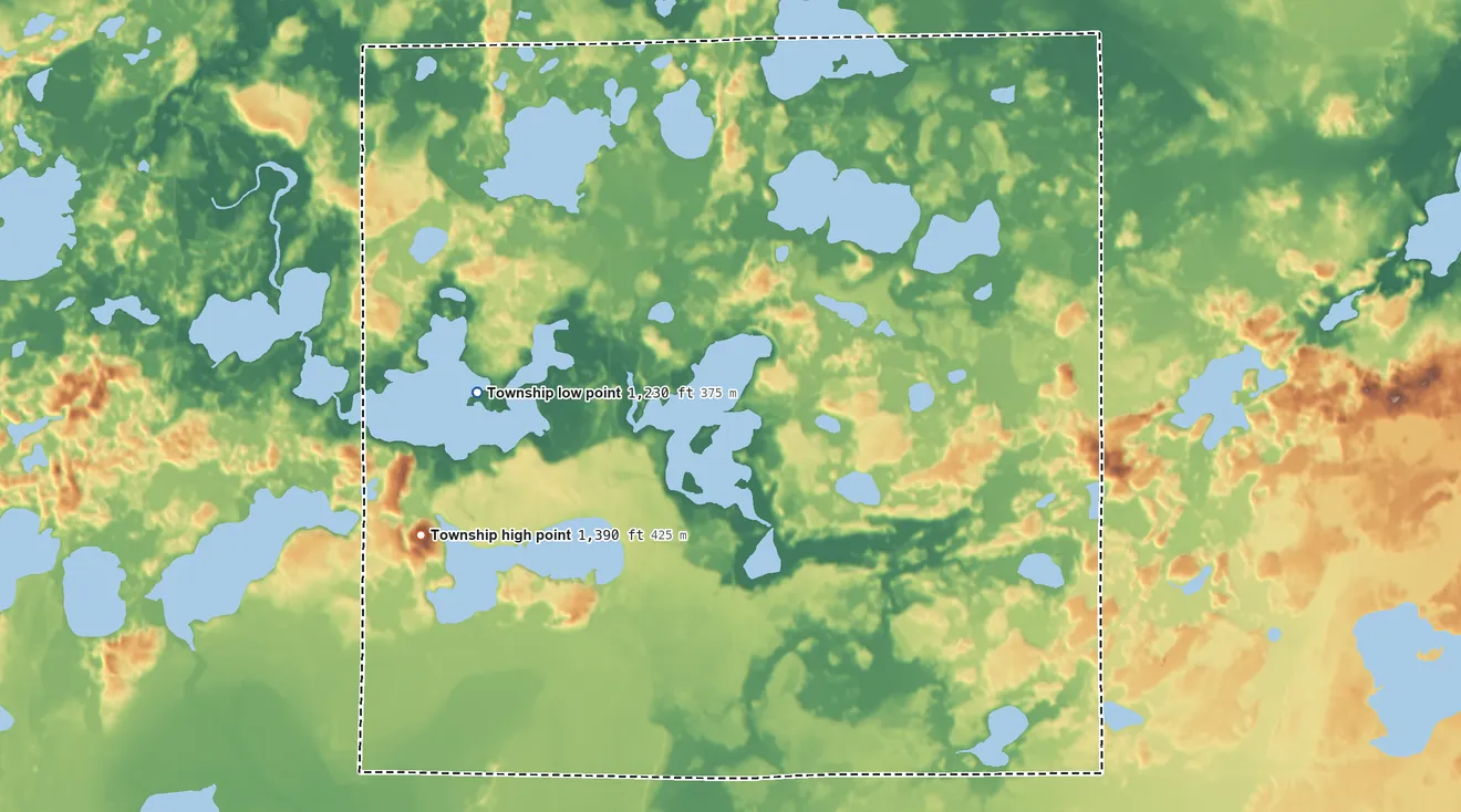 Topographic elevation map of Nordland Township, Minnesota, shaded from 1,230 ft on the west side to 1,390 ft on Fire Tower Hill