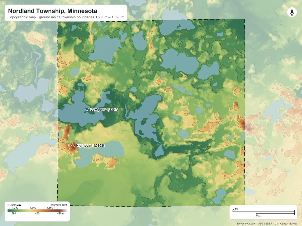 Topographic elevation map of Nordland Township, Minnesota, shaded from 1,230 ft on the west side to 1,390 ft on Fire Tower Hill