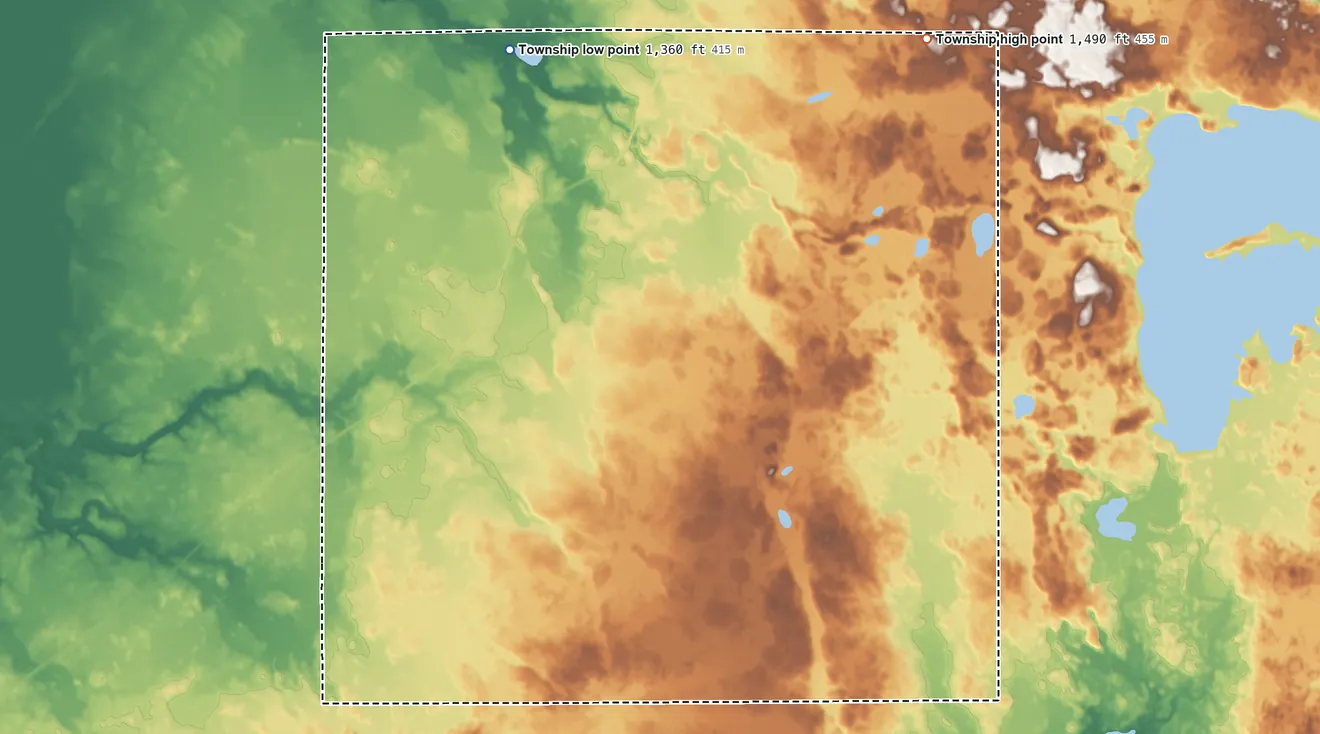 Topographic elevation map of Nore Township, Minnesota, shaded from 1,360 ft on the northwest side to 1,490 ft on the east side