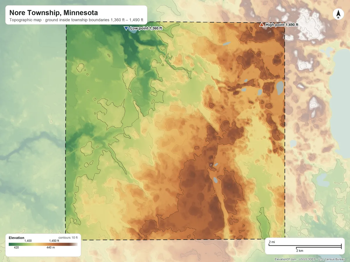 Topographic elevation map of Nore Township, Minnesota, shaded from 1,360 ft on the northwest side to 1,490 ft on the east side