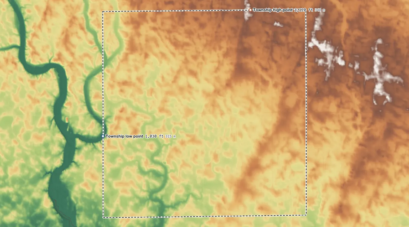 Topographic elevation map of Norfolk Township, Minnesota, shaded from 1,030 ft on the west side to 1,120 ft on the north side