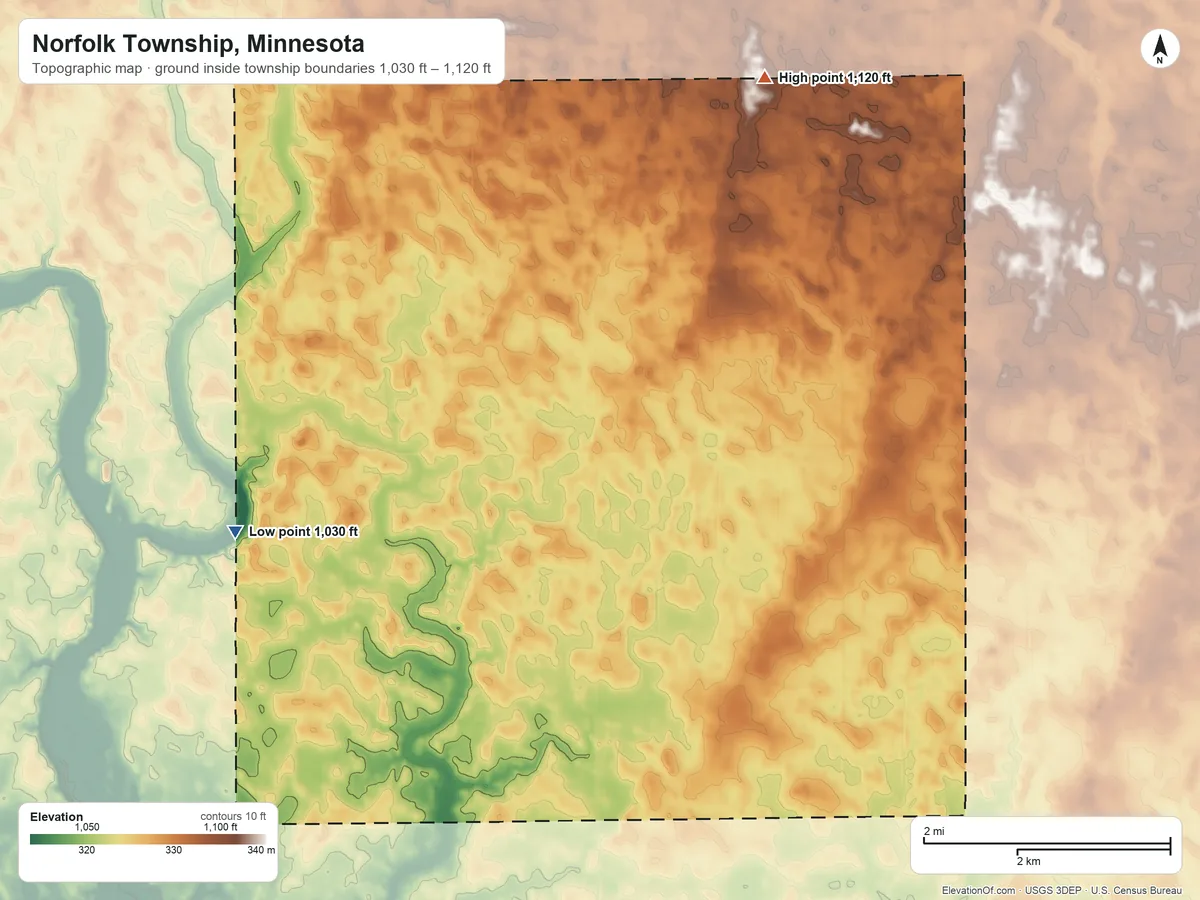 Topographic elevation map of Norfolk Township, Minnesota, shaded from 1,030 ft on the west side to 1,120 ft on the north side