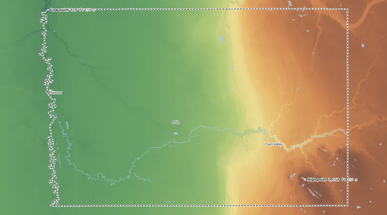 Topographic elevation map of Norman County, Minnesota, shaded from 820 ft on the northwest side to 1,350 ft on Frenchmans Bluff