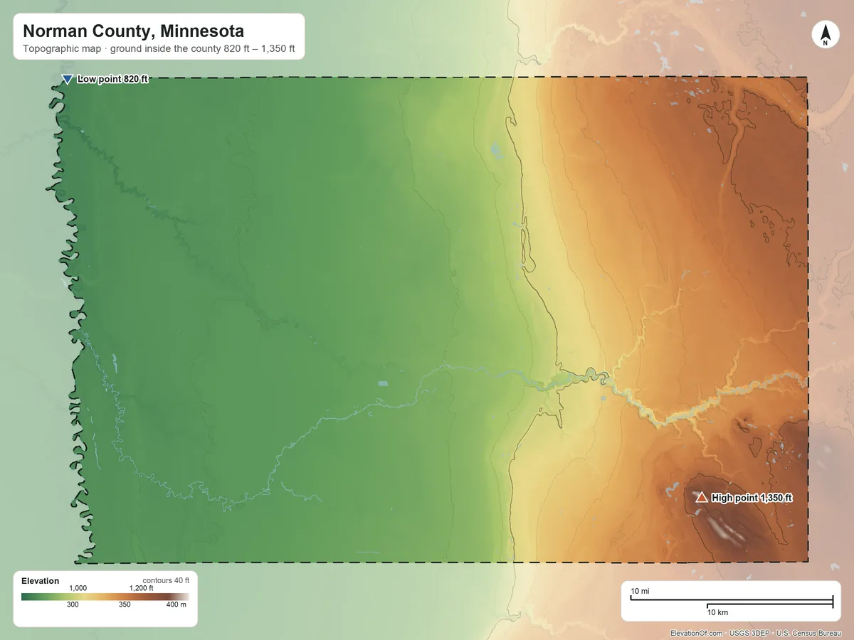 Topographic elevation map of Norman County, Minnesota, shaded from 820 ft on the northwest side to 1,350 ft on Frenchmans Bluff
