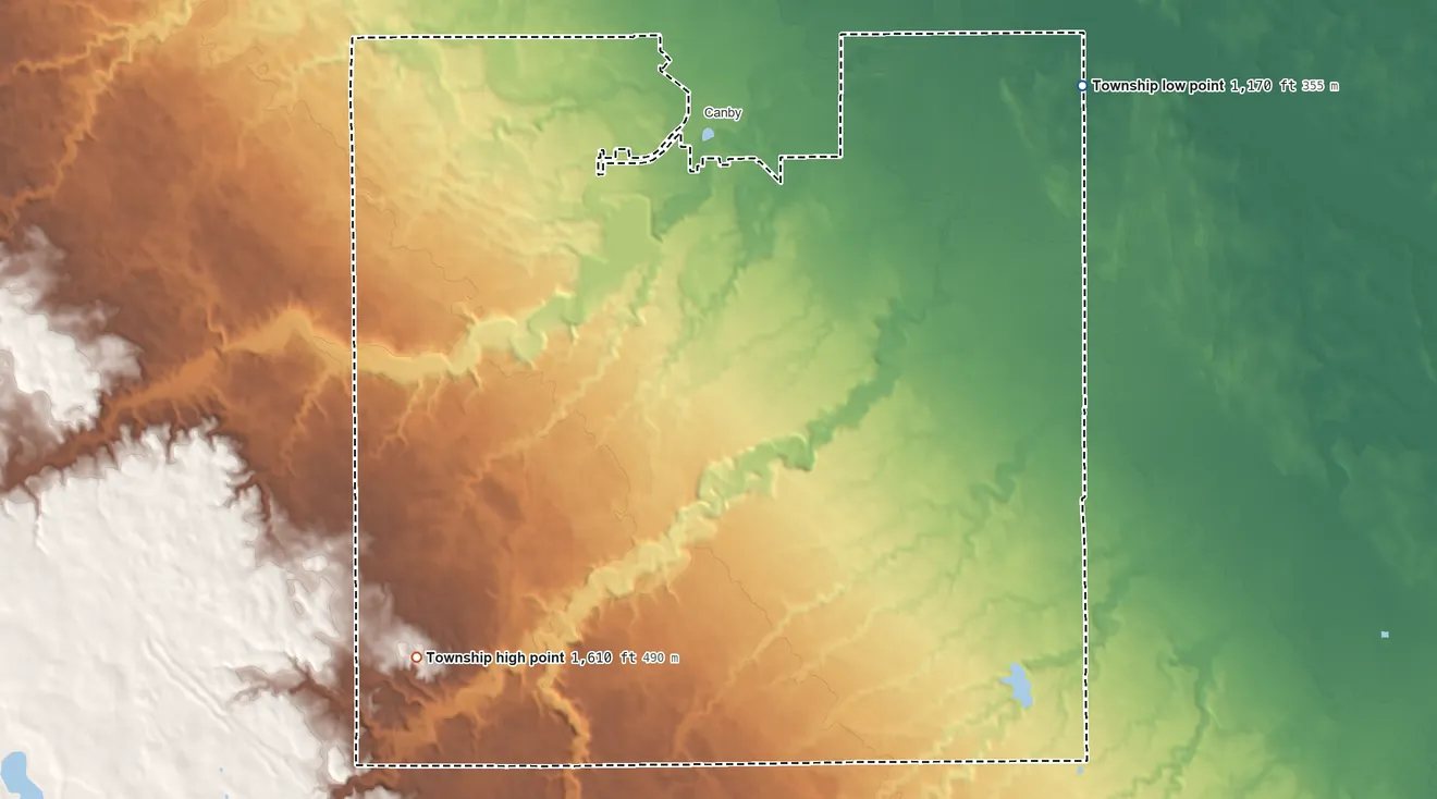 Topographic elevation map of Norman Township, Yellow Medicine County, Minnesota, shaded from 1,170 ft on the northeast side to 1,610 ft on the southwest side