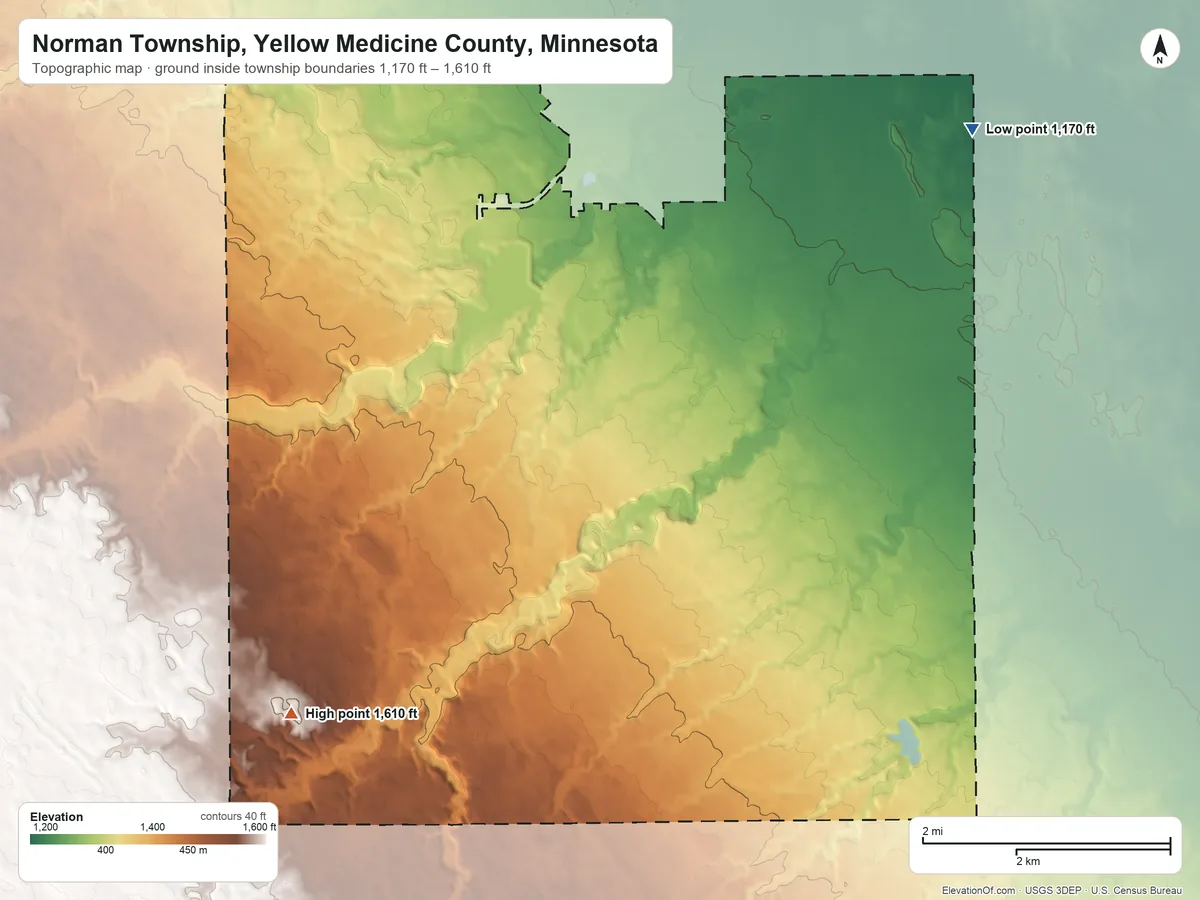 Topographic elevation map of Norman Township, Yellow Medicine County, Minnesota, shaded from 1,170 ft on the northeast side to 1,610 ft on the southwest side