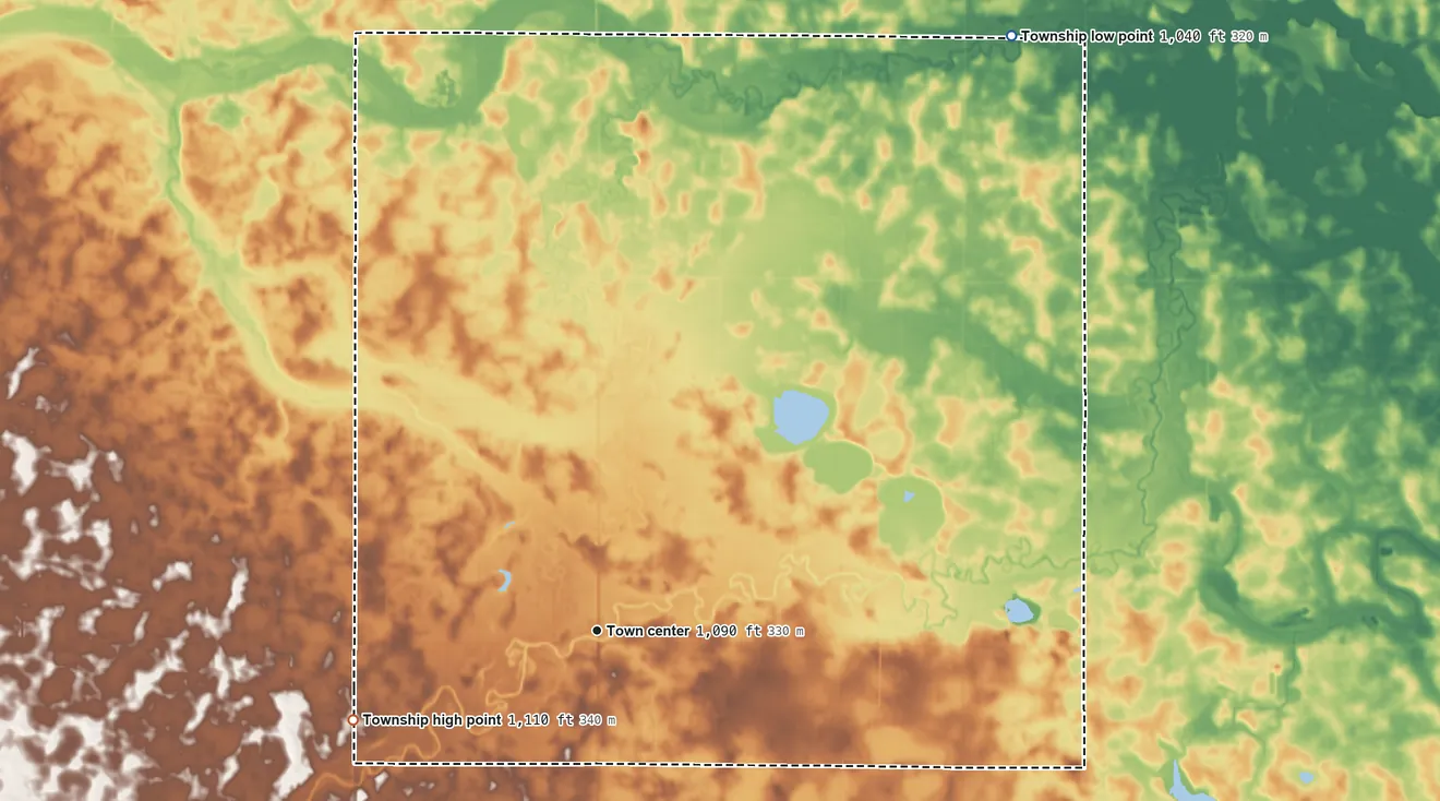Topographic elevation map of Normania Township, Minnesota, shaded from 1,040 ft on the northeast side to 1,110 ft on the west side