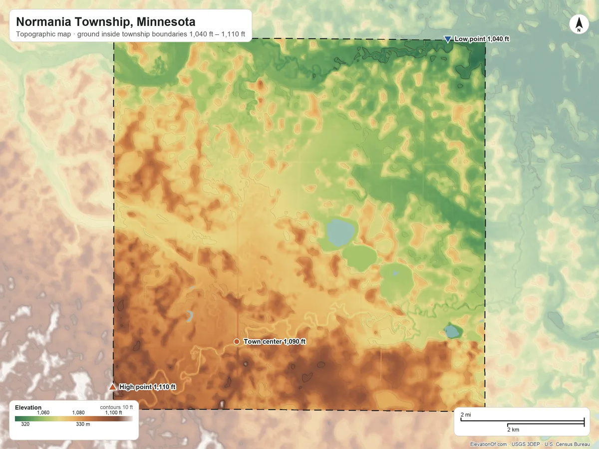 Topographic elevation map of Normania Township, Minnesota, shaded from 1,040 ft on the northeast side to 1,110 ft on the west side