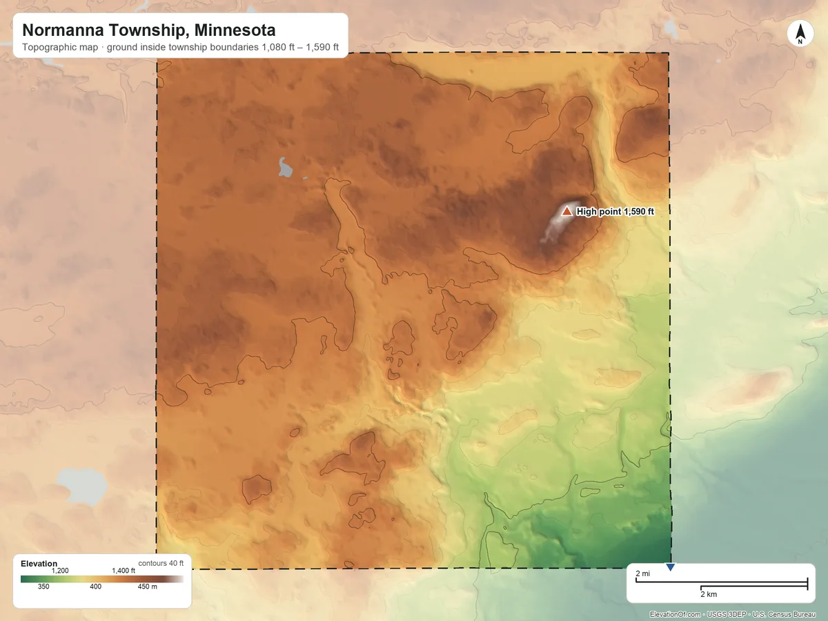 Topographic elevation map of Normanna Township, Minnesota, shaded from 1,080 ft on the southeast side to 1,590 ft on the northeast side