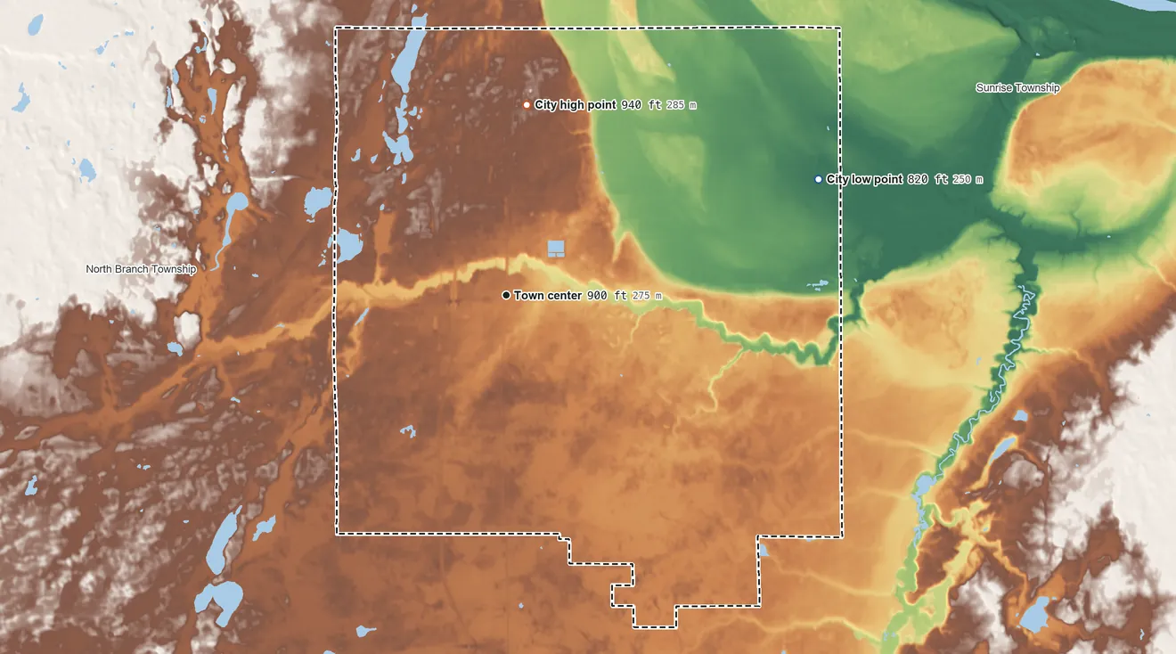 Topographic elevation map of North Branch, Minnesota, shaded from 820 ft on the east side to 940 ft on the north side