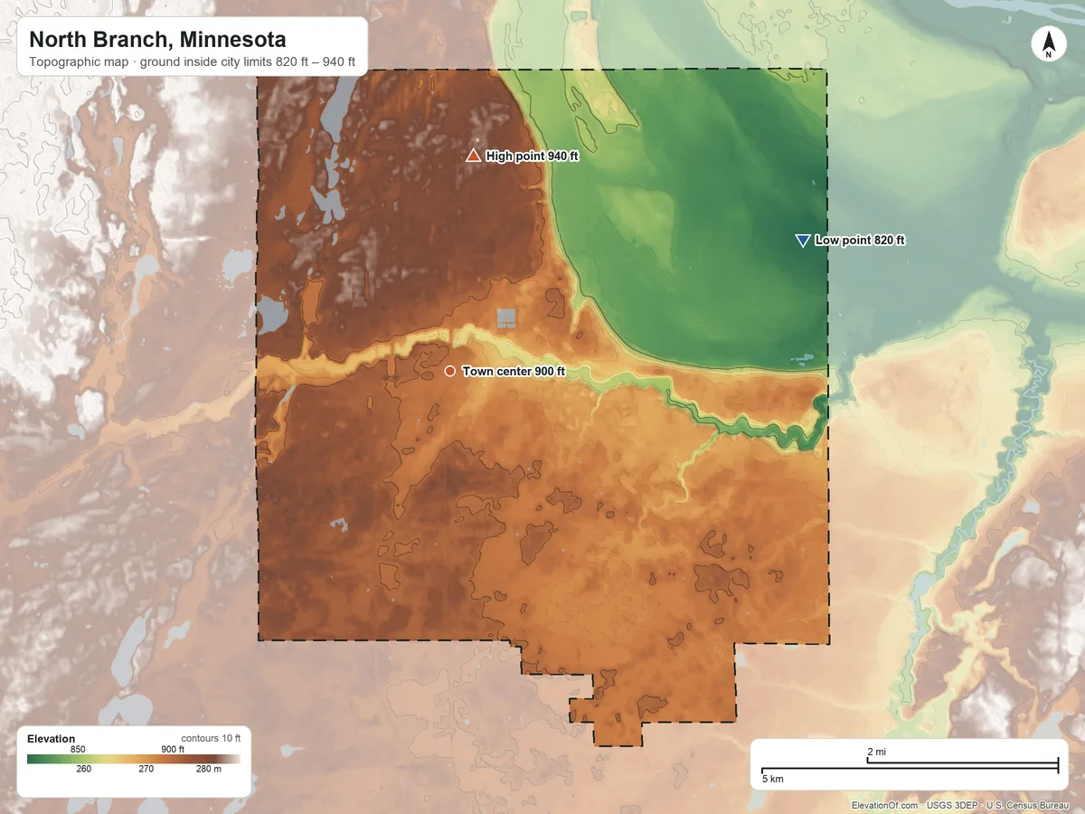 Topographic elevation map of North Branch, Minnesota, shaded from 820 ft on the east side to 940 ft on the north side