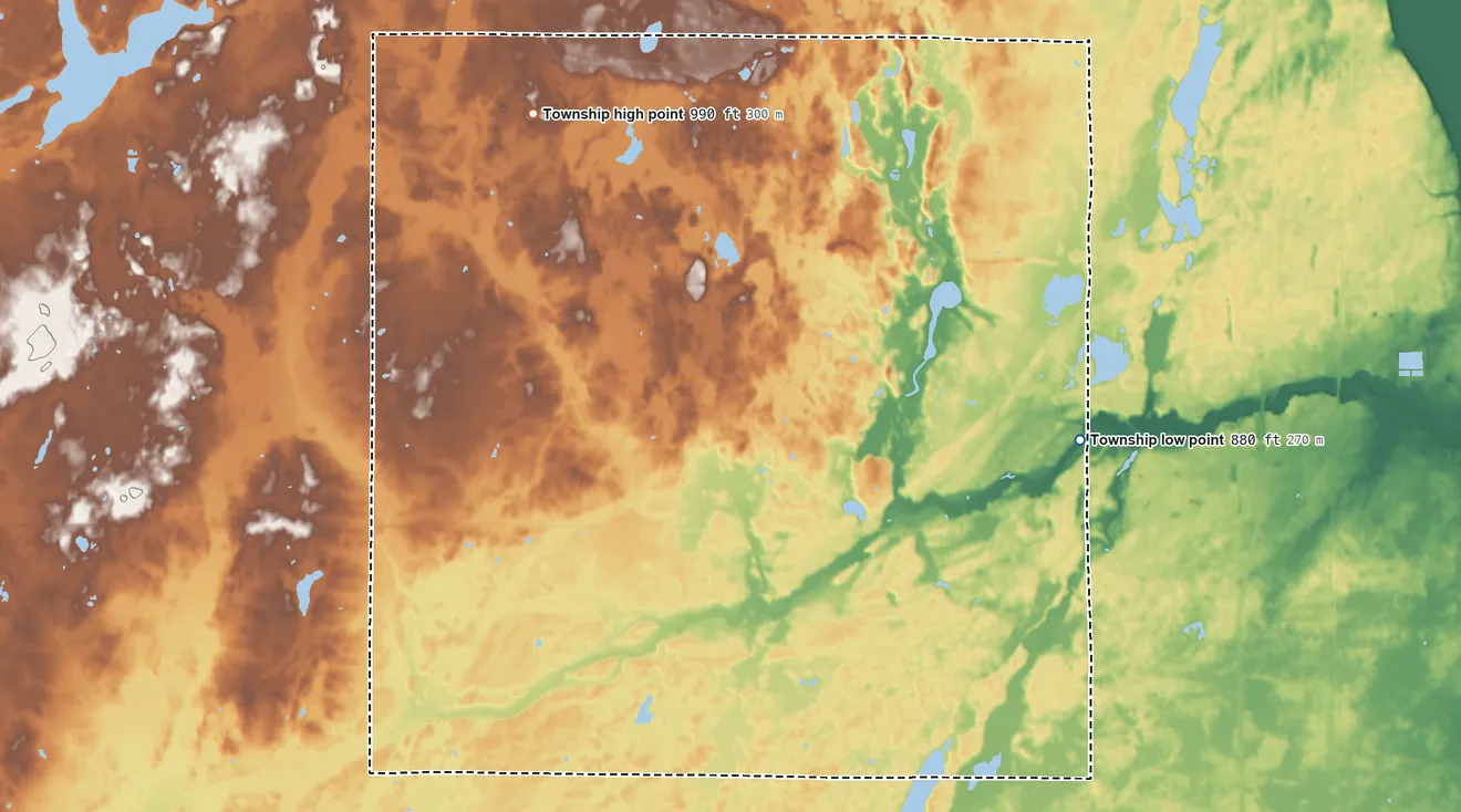 Topographic elevation map of North Branch Township, Minnesota, shaded from 880 ft on the east side to 990 ft on the northwest side