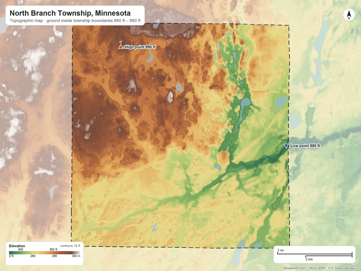 Topographic elevation map of North Branch Township, Minnesota, shaded from 880 ft on the east side to 990 ft on the northwest side