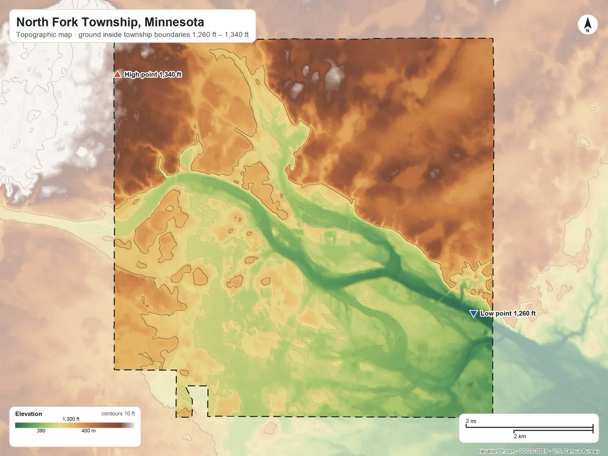 Topographic elevation map of North Fork Township, Minnesota, shaded from 1,260 ft on the southeast side to 1,340 ft on the northwest side