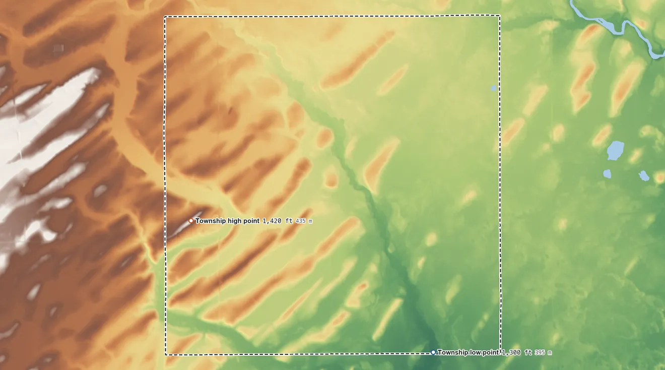 Topographic elevation map of North Germany Township, Minnesota, shaded from 1,300 ft on the southeast side to 1,420 ft on the southwest side