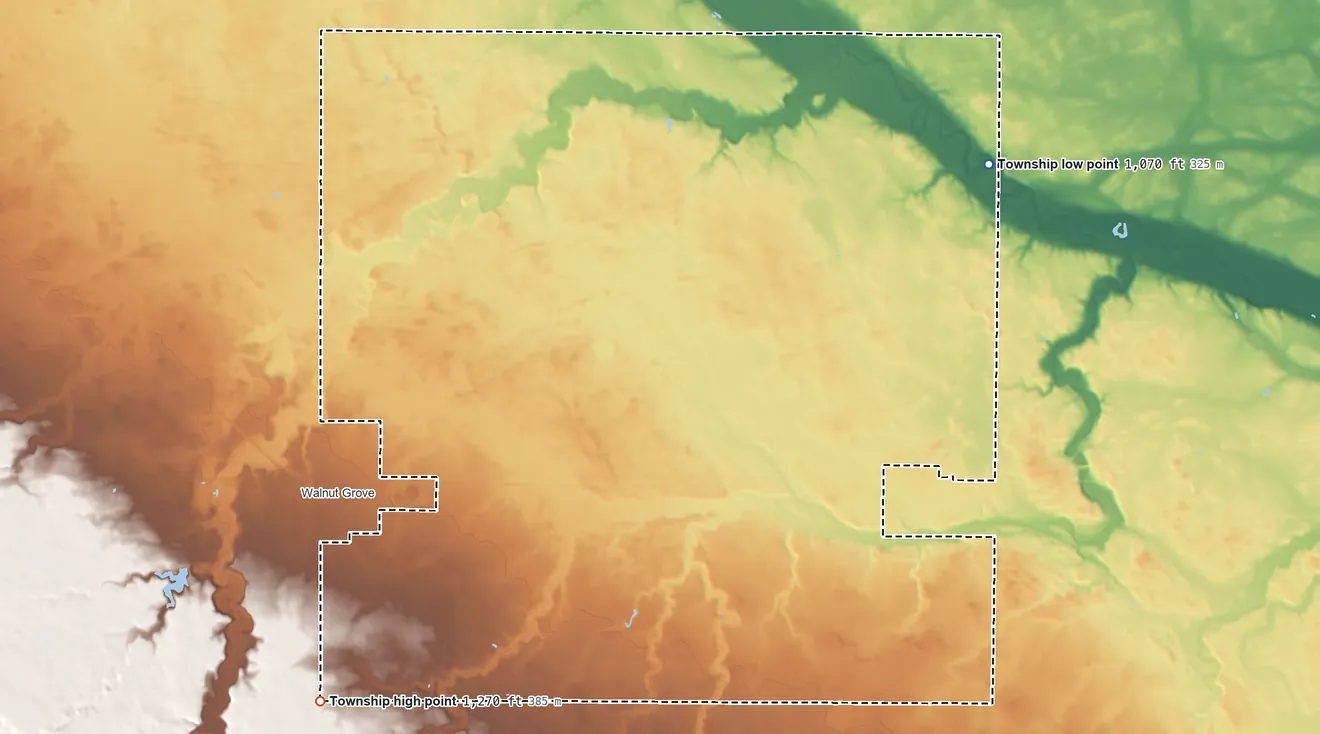 Topographic elevation map of North Hero Township, Minnesota, shaded from 1,070 ft on the northeast side to 1,270 ft on the southwest side