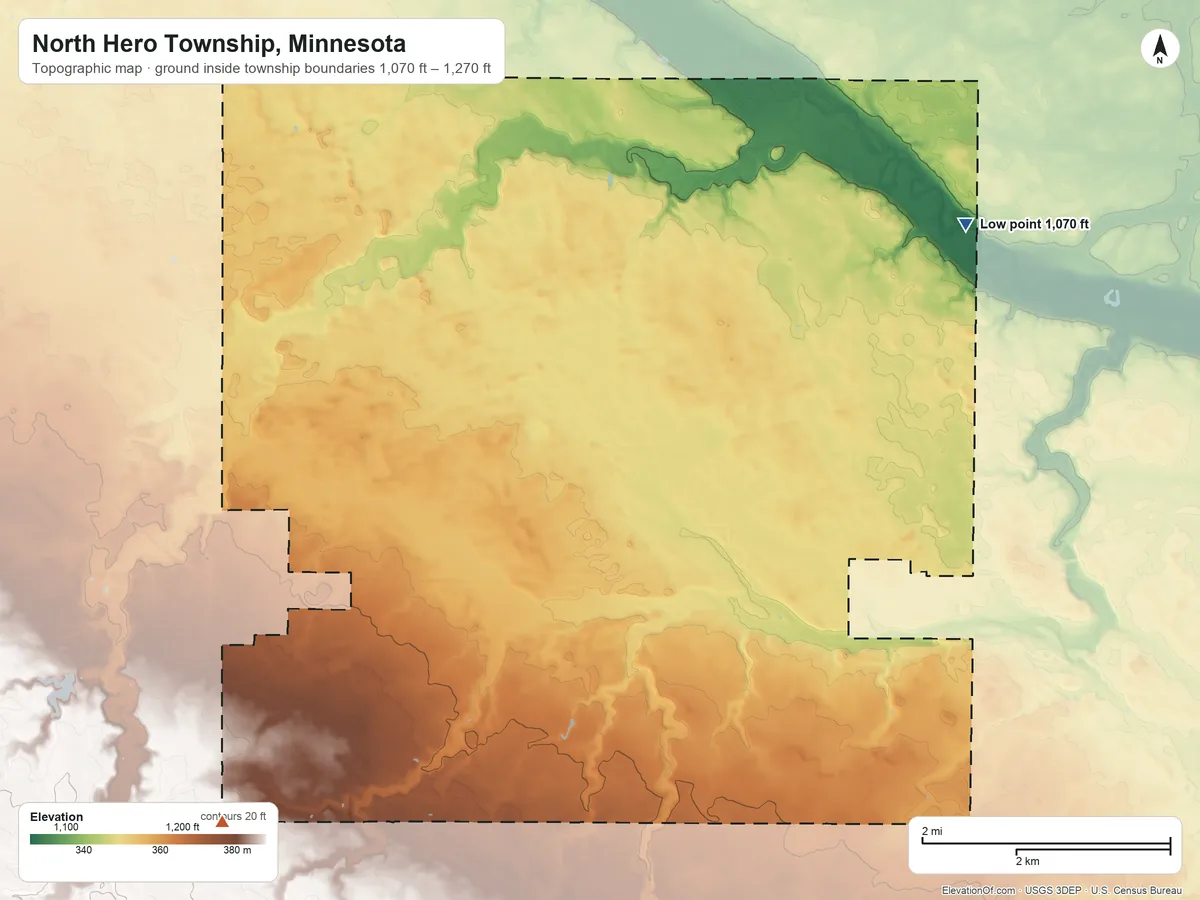Topographic elevation map of North Hero Township, Minnesota, shaded from 1,070 ft on the northeast side to 1,270 ft on the southwest side