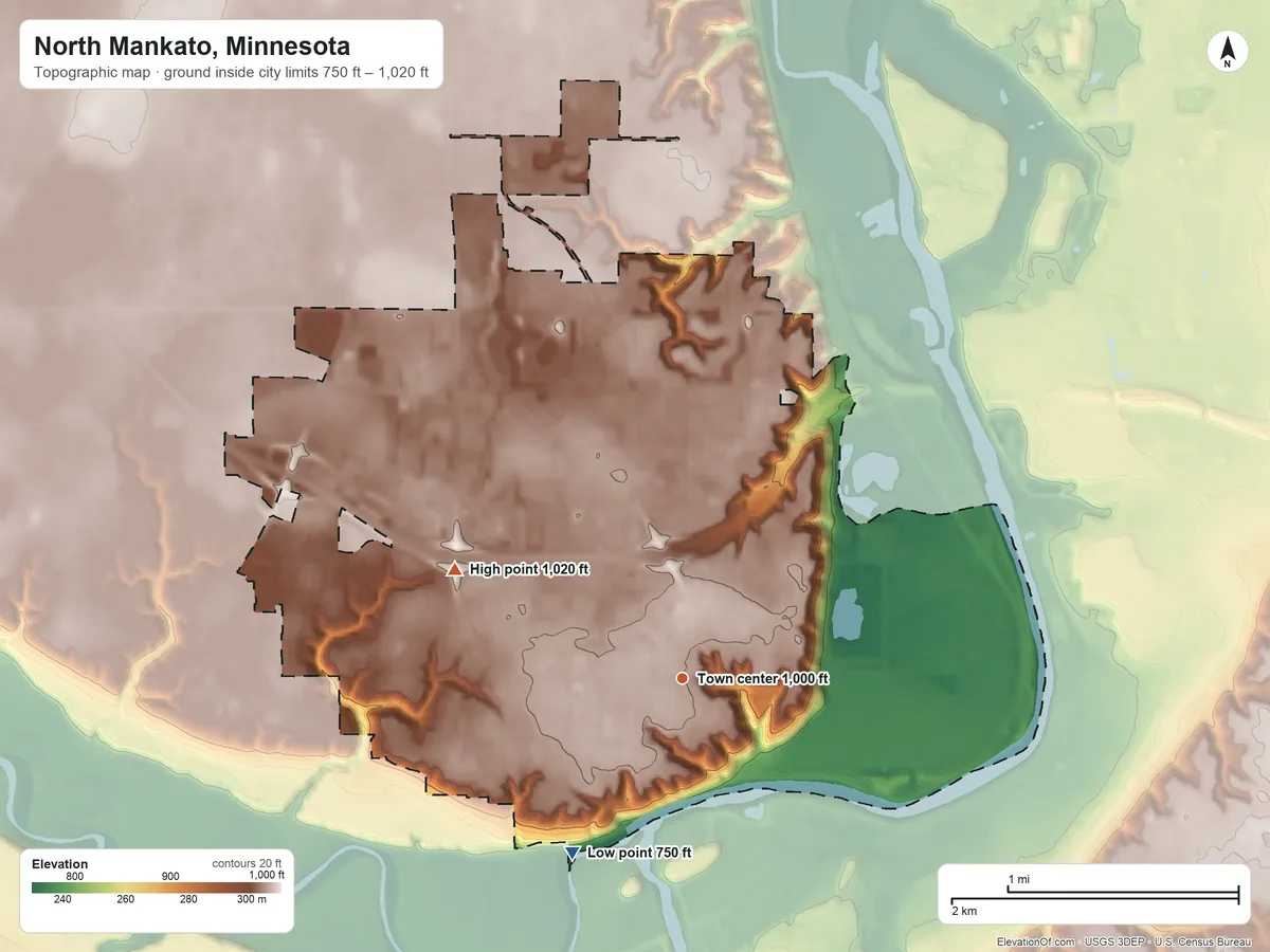 Topographic elevation map of North Mankato, Minnesota, shaded from 750 ft on the southwest side to 1,020 ft on the northwest side