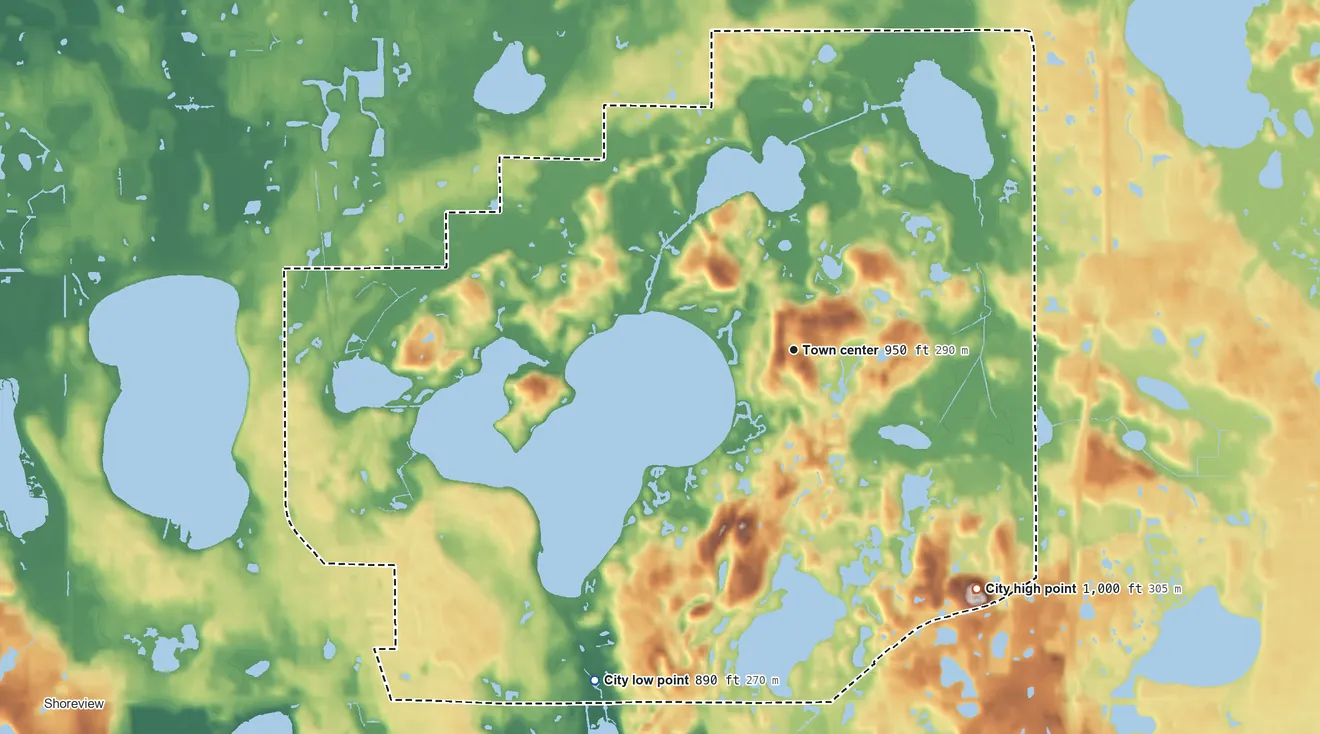 Topographic elevation map of North Oaks, Minnesota, shaded from 890 ft on the southwest side to 1,000 ft on the southeast side