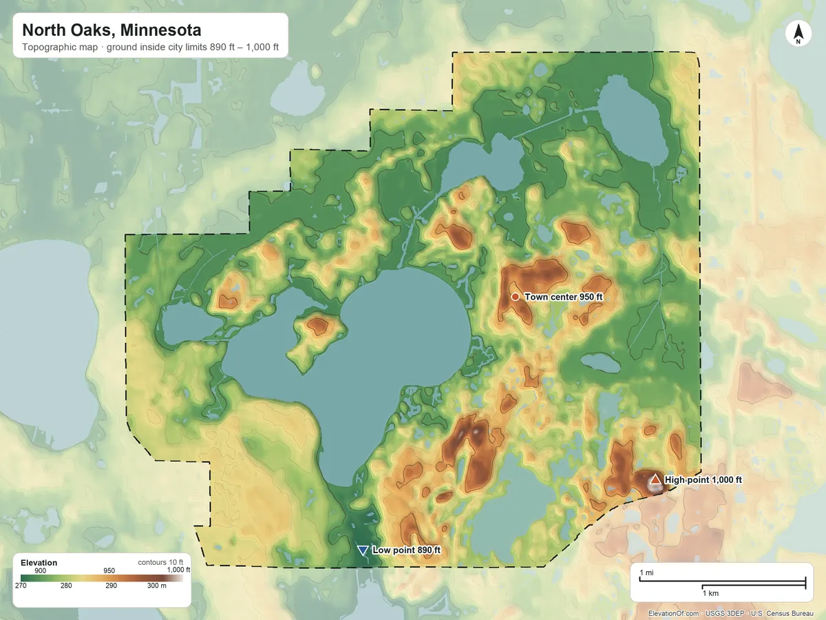 Topographic elevation map of North Oaks, Minnesota, shaded from 890 ft on the southwest side to 1,000 ft on the southeast side