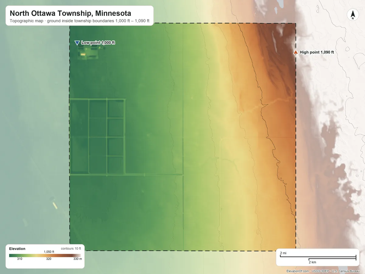 Topographic elevation map of North Ottawa Township, Minnesota, shaded from 1,000 ft on the northwest side to 1,090 ft on the northeast side