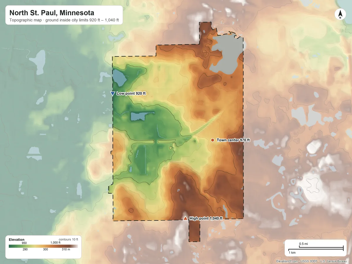 Topographic elevation map of North St. Paul, Minnesota, shaded from 920 ft on the northwest side to 1,040 ft on the south side