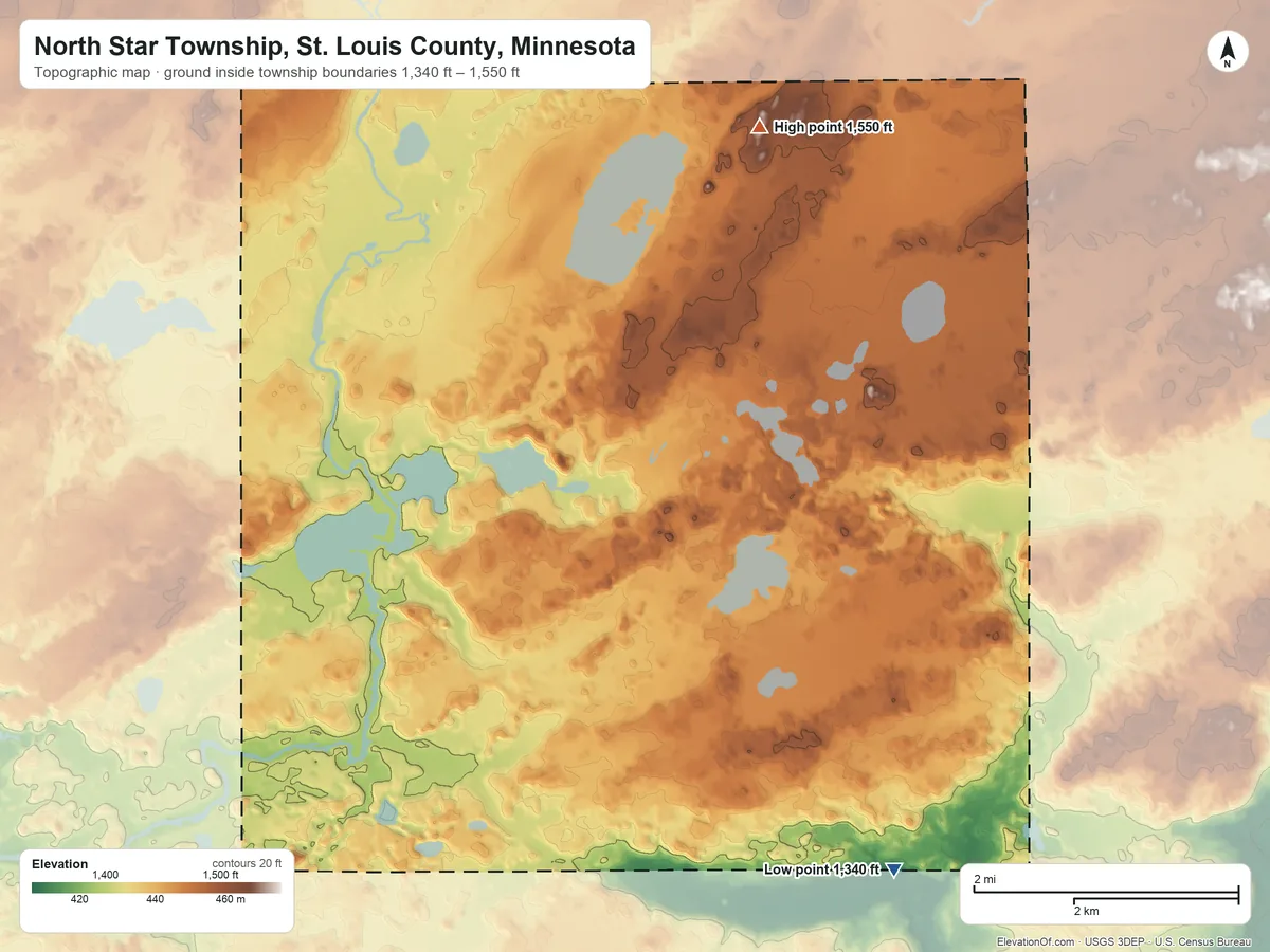 Topographic elevation map of North Star Township, St. Louis County, Minnesota, shaded from 1,340 ft on the southeast side to 1,550 ft on the northeast side