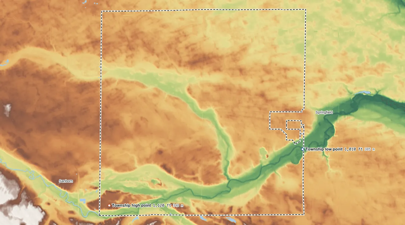 Topographic elevation map of North Star Township, Minnesota, shaded from 1,010 ft on the east side to 1,120 ft on the southwest side