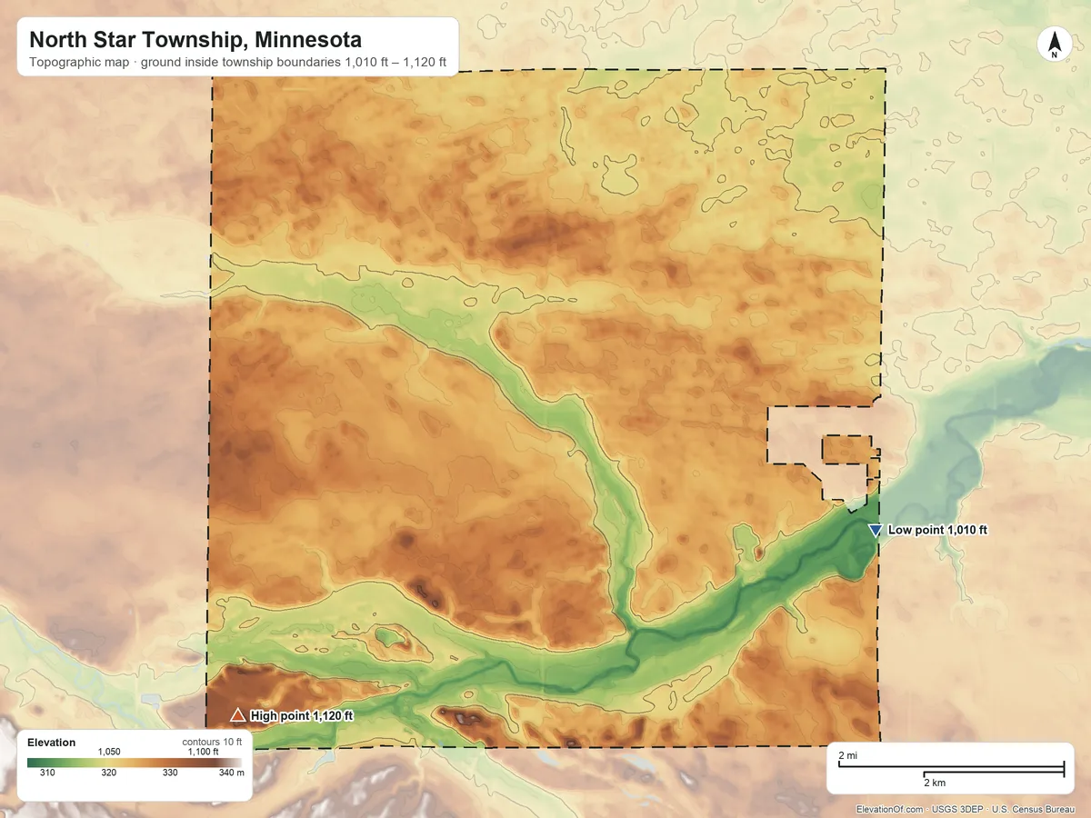 Topographic elevation map of North Star Township, Minnesota, shaded from 1,010 ft on the east side to 1,120 ft on the southwest side