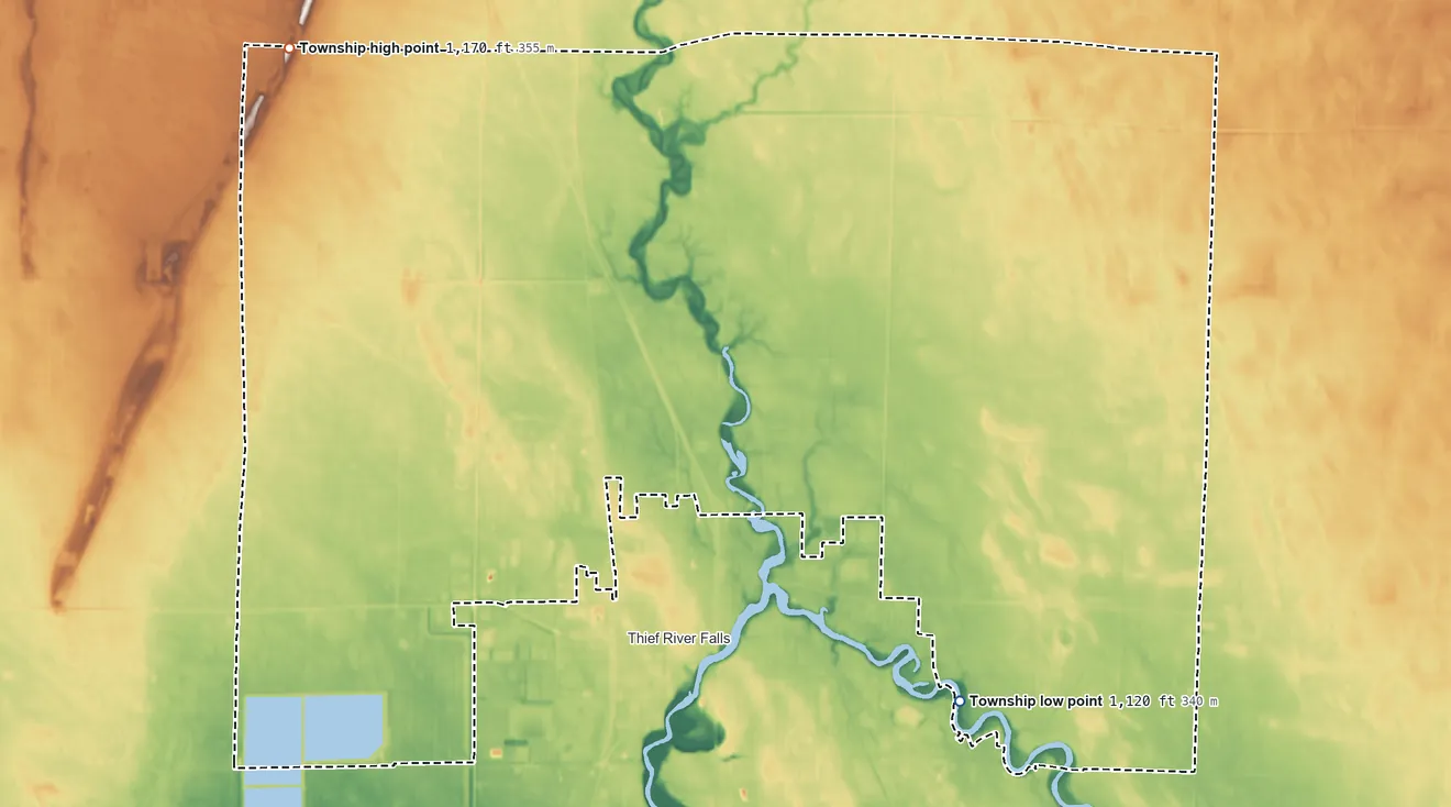 Topographic elevation map of North Township, Minnesota, shaded from 1,120 ft on the southeast side to 1,170 ft on the northwest side