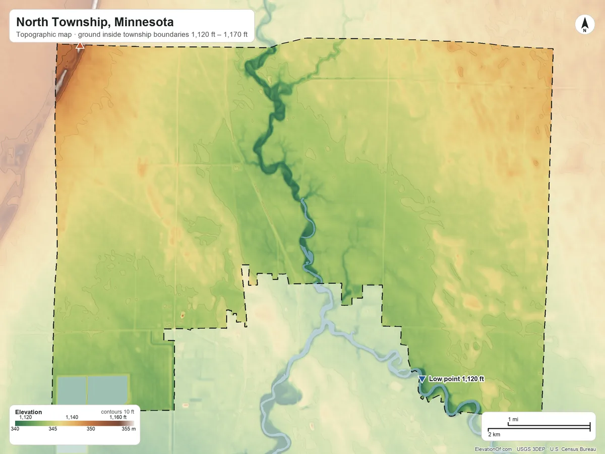 Topographic elevation map of North Township, Minnesota, shaded from 1,120 ft on the southeast side to 1,170 ft on the northwest side