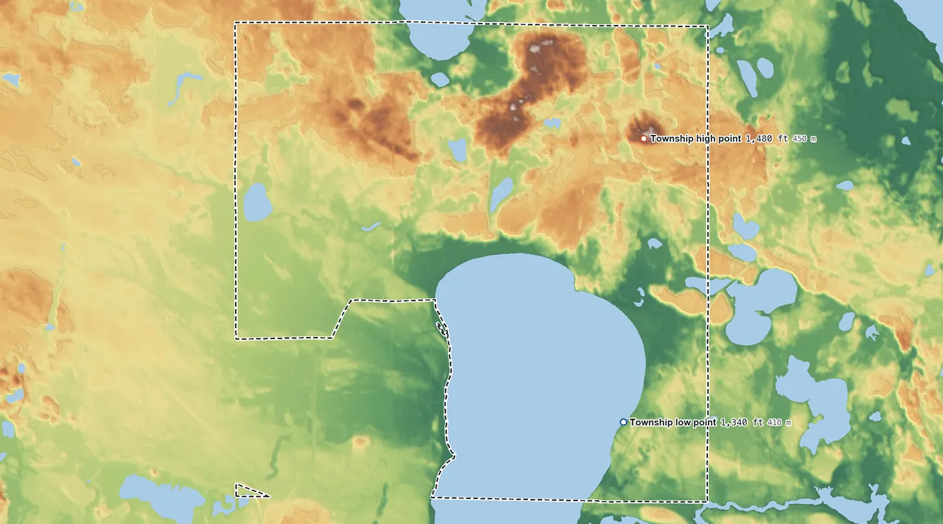Topographic elevation map of Northern Township, Minnesota, shaded from 1,340 ft on the southeast side to 1,480 ft on the east side