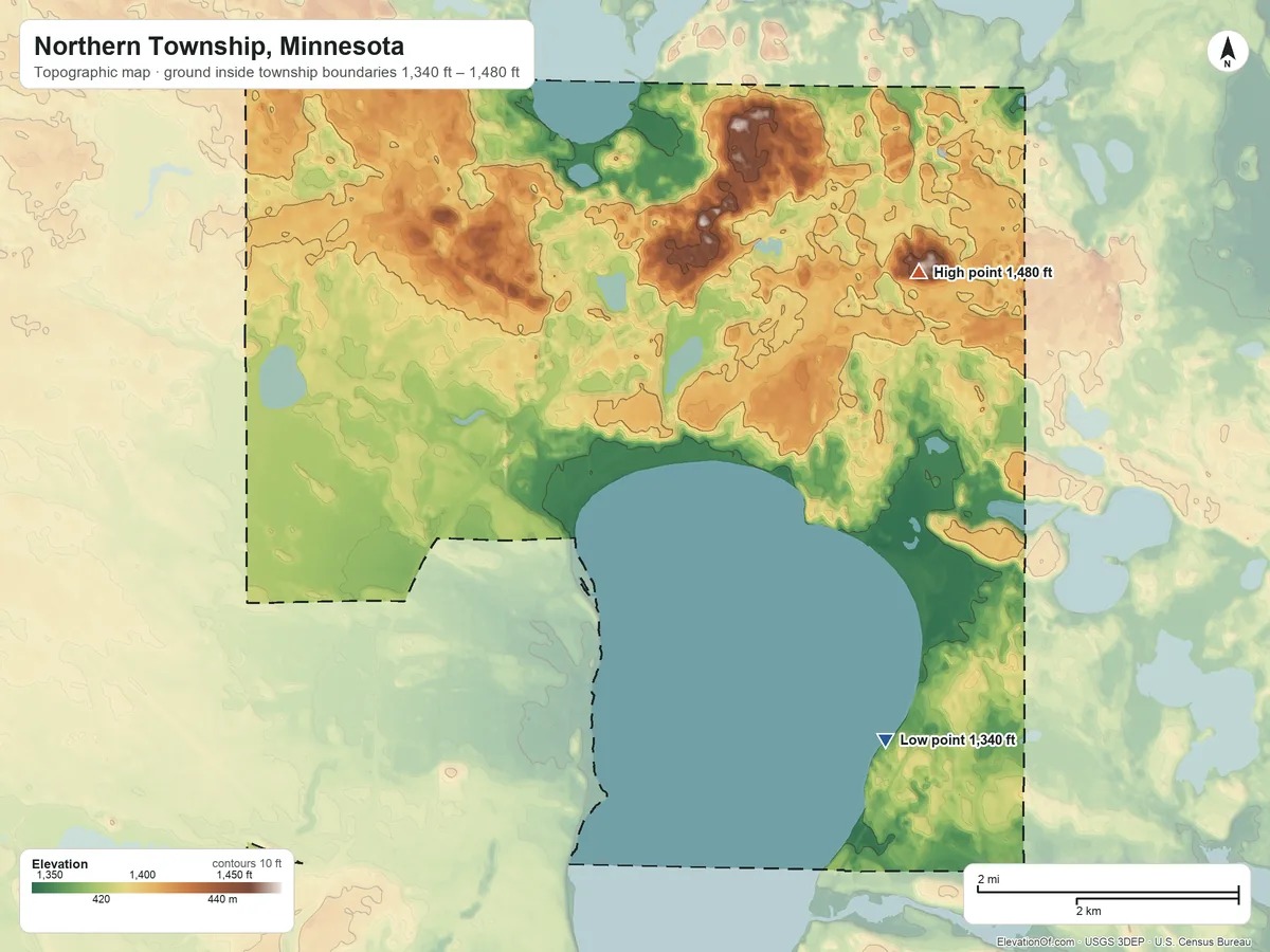 Topographic elevation map of Northern Township, Minnesota, shaded from 1,340 ft on the southeast side to 1,480 ft on the east side