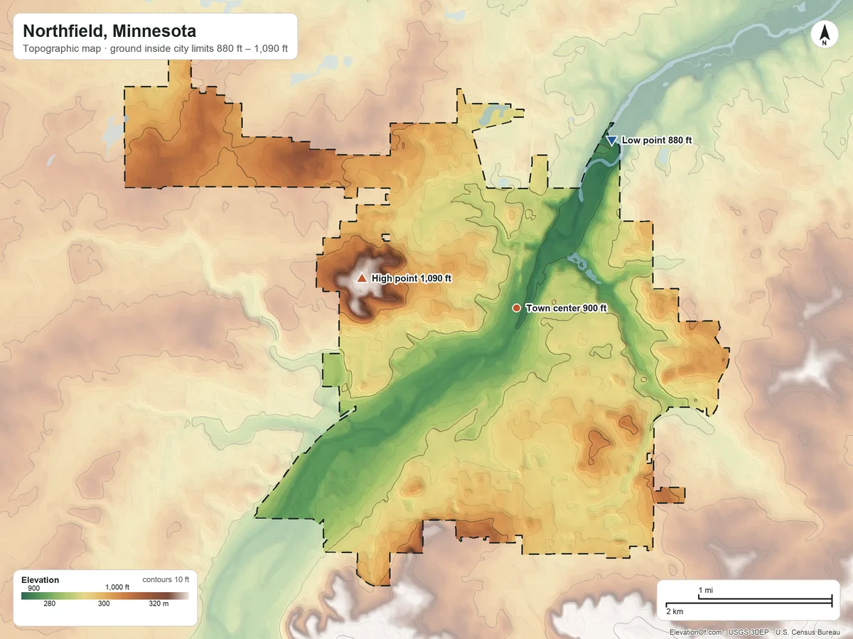 Topographic elevation map of Northfield, Minnesota, shaded from 880 ft on the northeast side to 1,090 ft on the west side