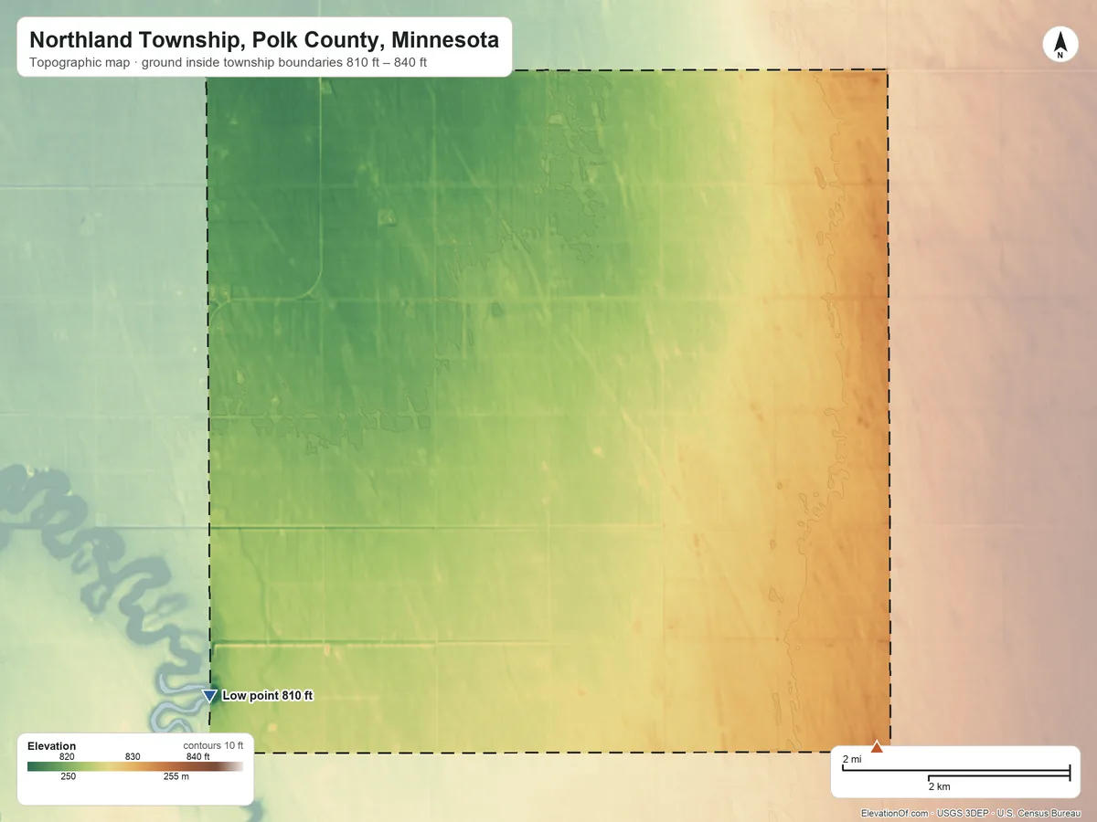 Topographic elevation map of Northland Township, Polk County, Minnesota, shaded from 810 ft on the southwest side to 840 ft on the southeast side