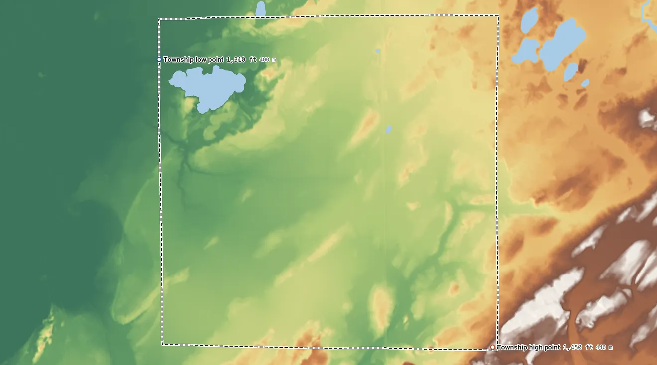 Topographic elevation map of Northland Township, Minnesota, shaded from 1,310 ft on the northwest side to 1,450 ft on the southeast side
