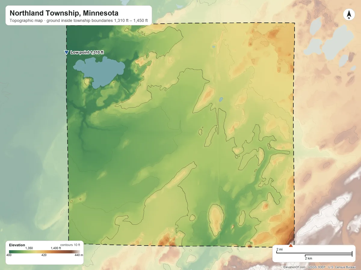 Topographic elevation map of Northland Township, Minnesota, shaded from 1,310 ft on the northwest side to 1,450 ft on the southeast side