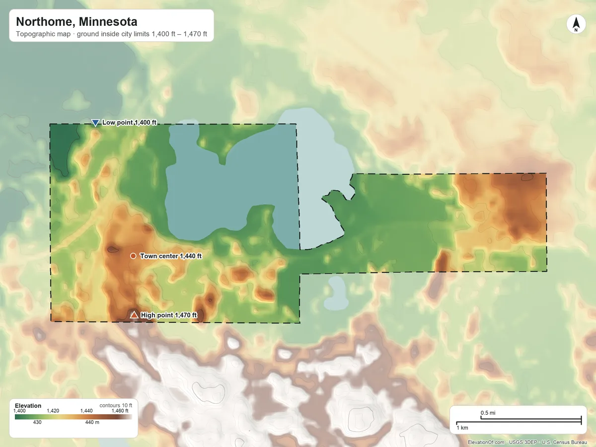 Topographic elevation map of Northome, Minnesota, shaded from 1,400 ft on the north side to 1,470 ft on the south side