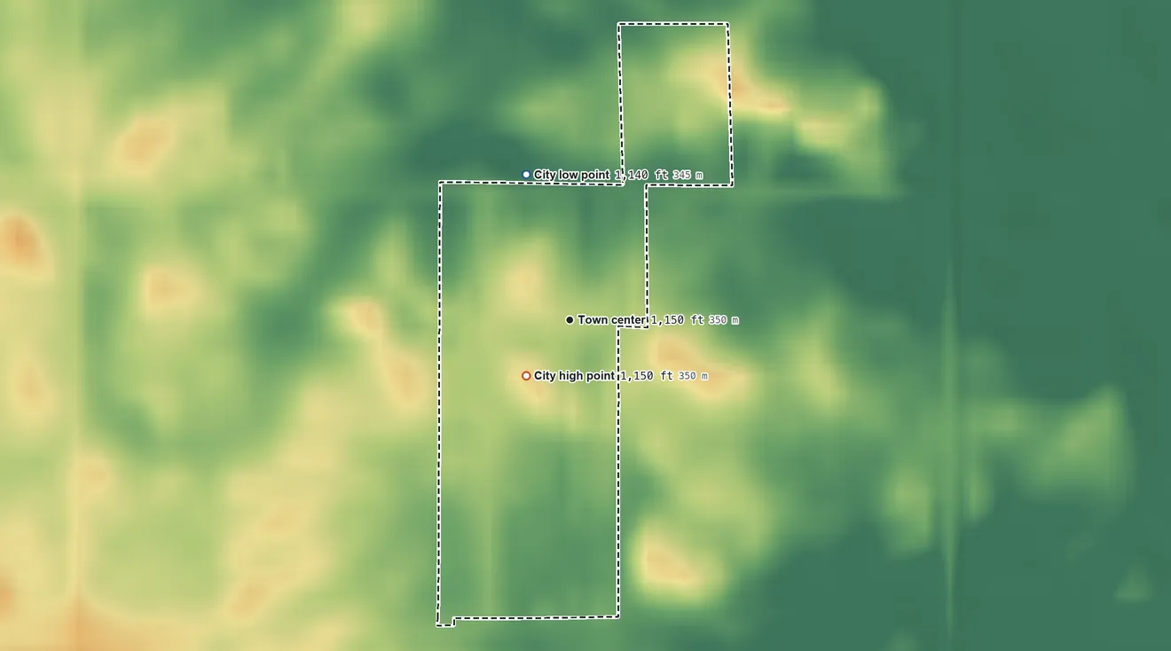 Topographic elevation map of Northrop, Minnesota, shaded from 1,140 ft on the north side to 1,150 ft on the southwest side