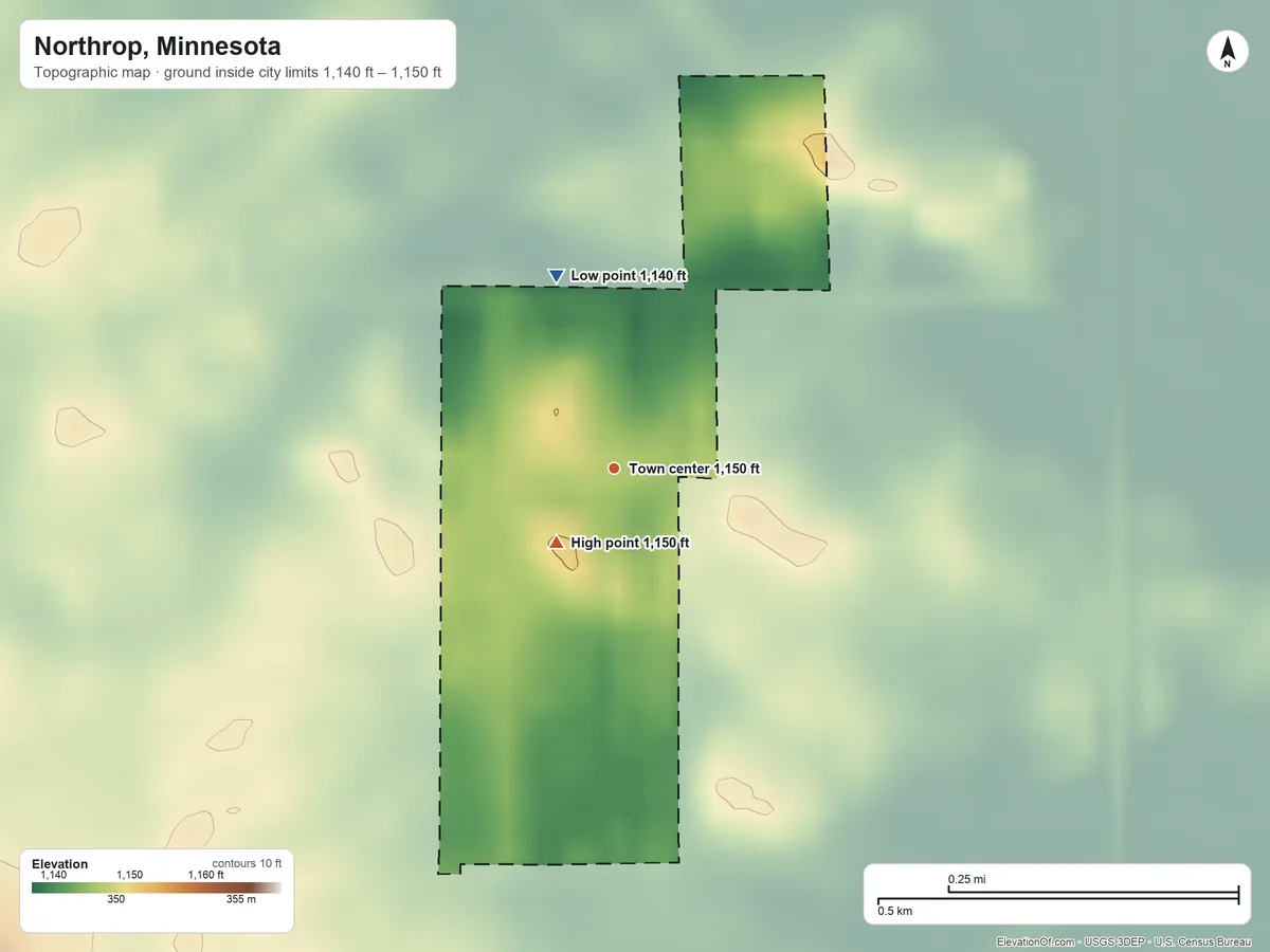 Topographic elevation map of Northrop, Minnesota, shaded from 1,140 ft on the north side to 1,150 ft on the southwest side