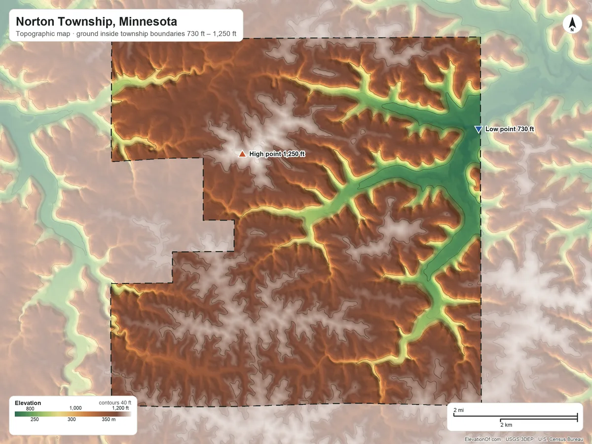 Topographic elevation map of Norton Township, Minnesota, shaded from 730 ft on the northeast side to 1,250 ft on the northwest side