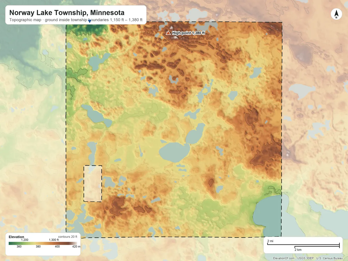 Topographic elevation map of Norway Lake Township, Minnesota, shaded from 1,150 ft on the northwest side to 1,380 ft on the north side