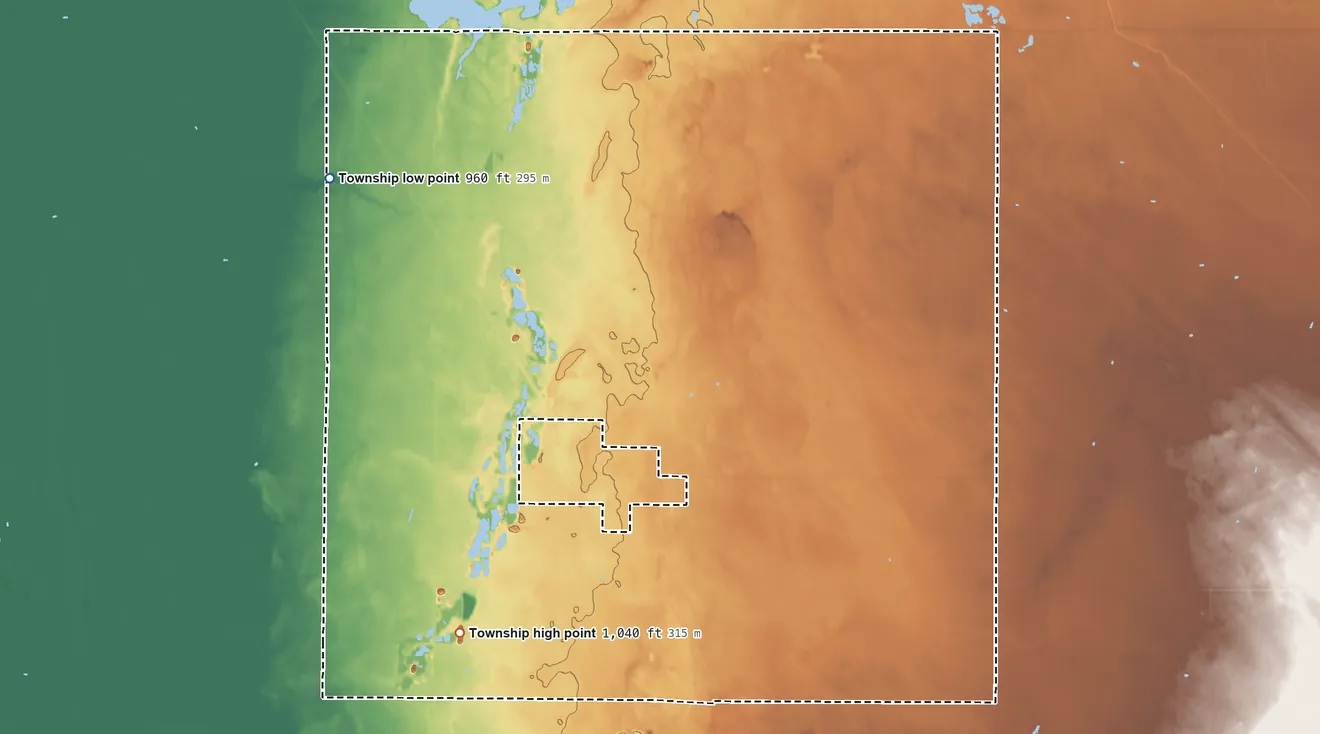 Topographic elevation map of Norway Township, Kittson County, Minnesota, shaded from 960 ft on the northwest side to 1,040 ft on the southwest side