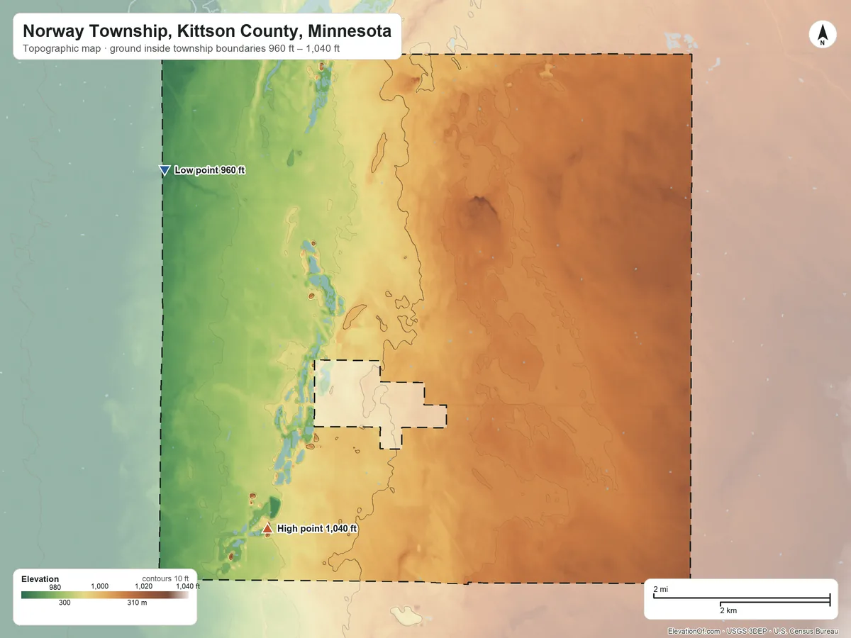 Topographic elevation map of Norway Township, Kittson County, Minnesota, shaded from 960 ft on the northwest side to 1,040 ft on the southwest side