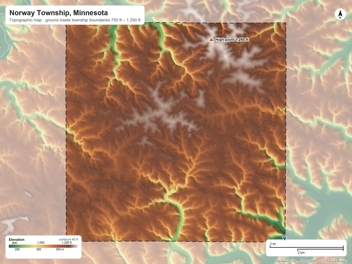 Topographic elevation map of Norway Township, Minnesota, shaded from 750 ft on the southeast side to 1,290 ft on the northeast side