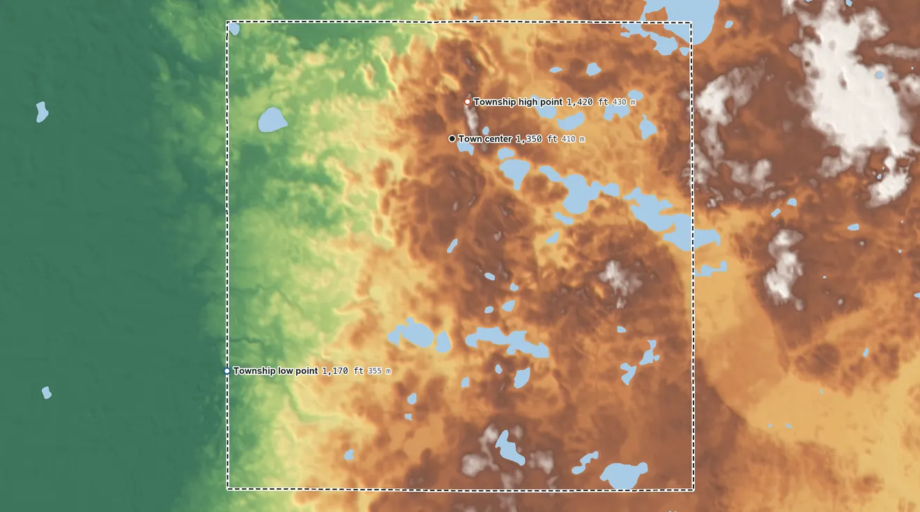 Topographic elevation map of Norwegian Grove Township, Minnesota, shaded from 1,170 ft on the southwest side to 1,420 ft near the middle
