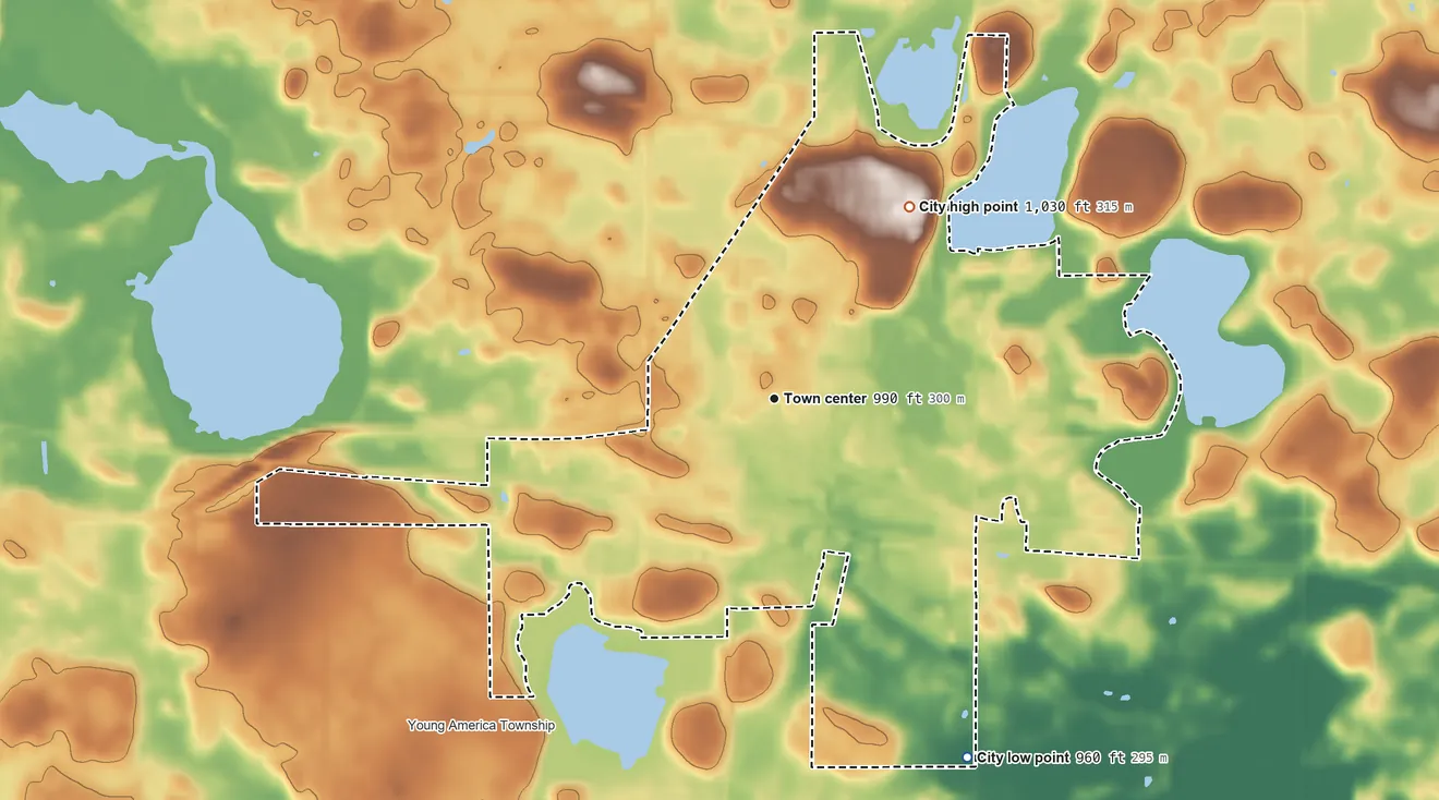 Topographic elevation map of Norwood Young America, Minnesota, shaded from 960 ft on the southeast side to 1,030 ft on the northeast side