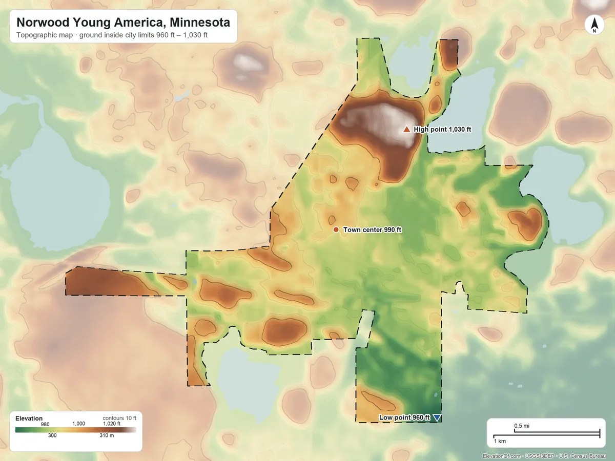 Topographic elevation map of Norwood Young America, Minnesota, shaded from 960 ft on the southeast side to 1,030 ft on the northeast side