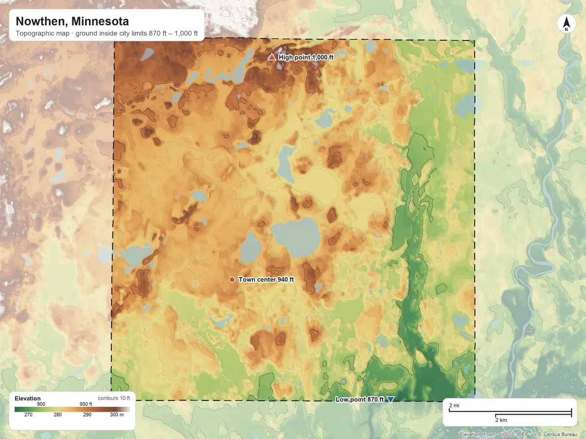 Topographic elevation map of Nowthen, Minnesota, shaded from 870 ft on the southeast side to 1,000 ft on the north side